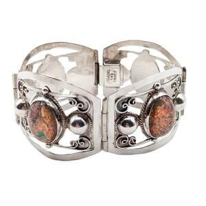 Taxco Sterling Silver Faux Opal Panel Bracelet w Cutouts Scrolls Mexico Vintage